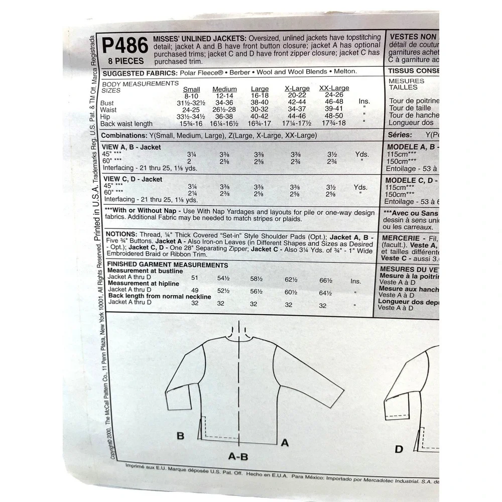 McCalls Sewing Pattern 2963 P486 Coat Jacket‎ Fleece Misses Size S-L